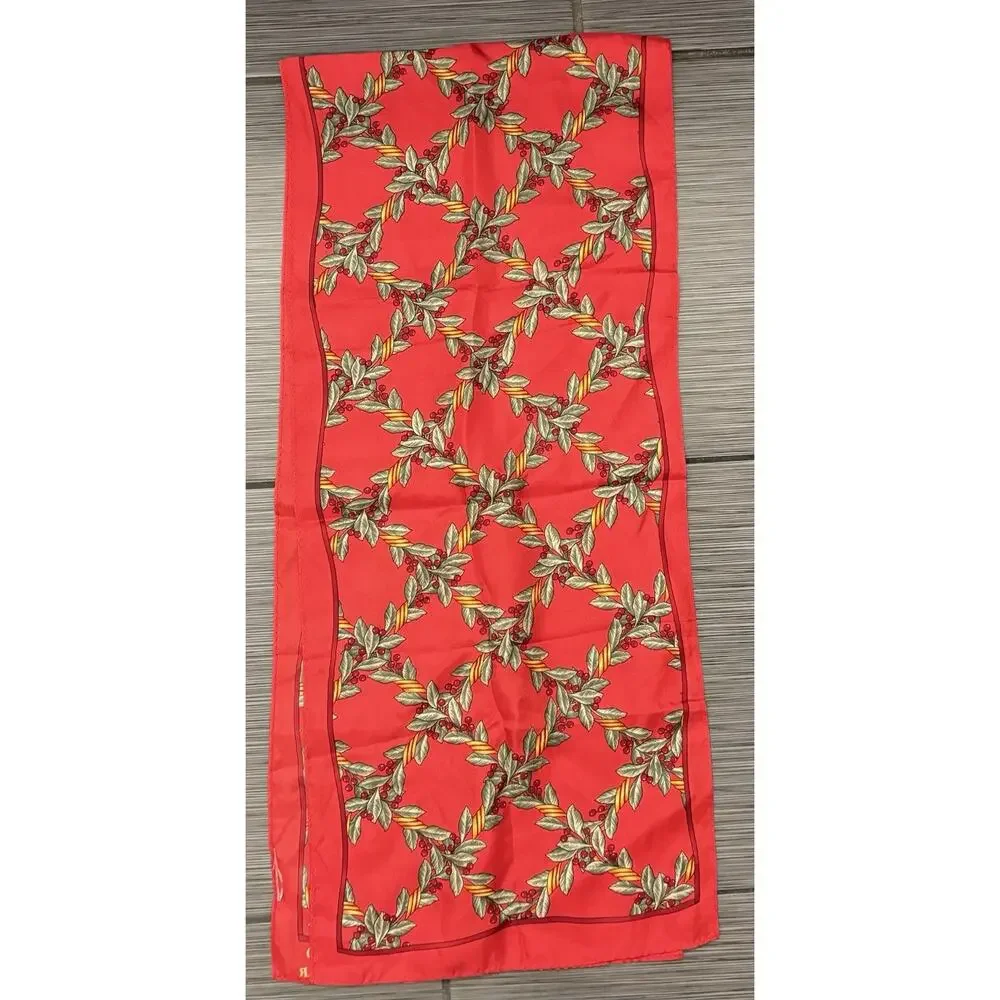 Vintage Oscar de la Renta Silk Scarf Red Holly Berry Holiday Print 54x11 Luxury